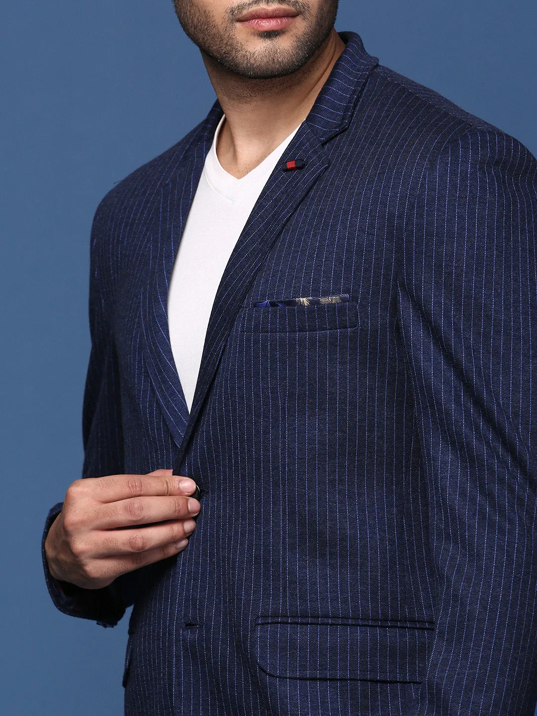 Men Navy Blue Slim Fit Single Breasted Blazer