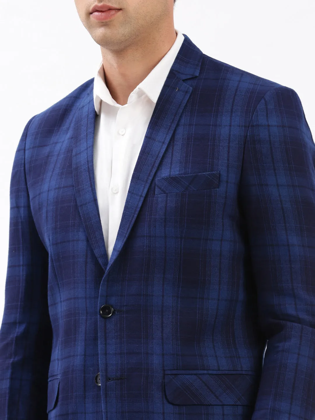 Men Notched Lapel Checked Navy Blue Blazer