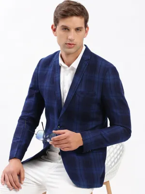 Men Notched Lapel Checked Navy Blue Blazer