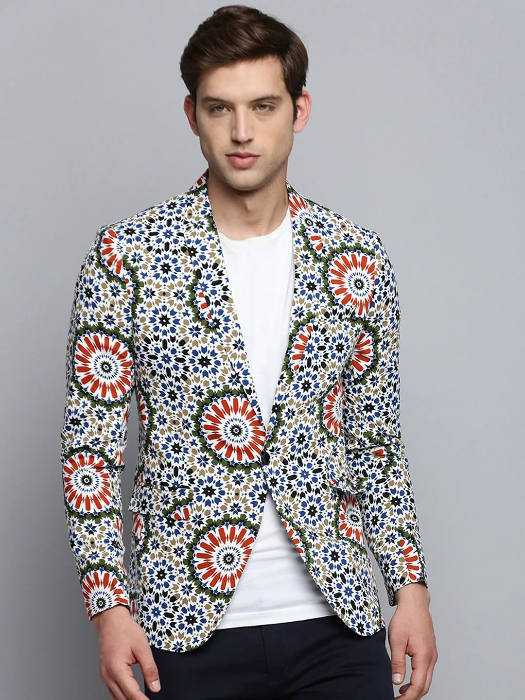 Men Notched Lapel Printed Multi Blazer