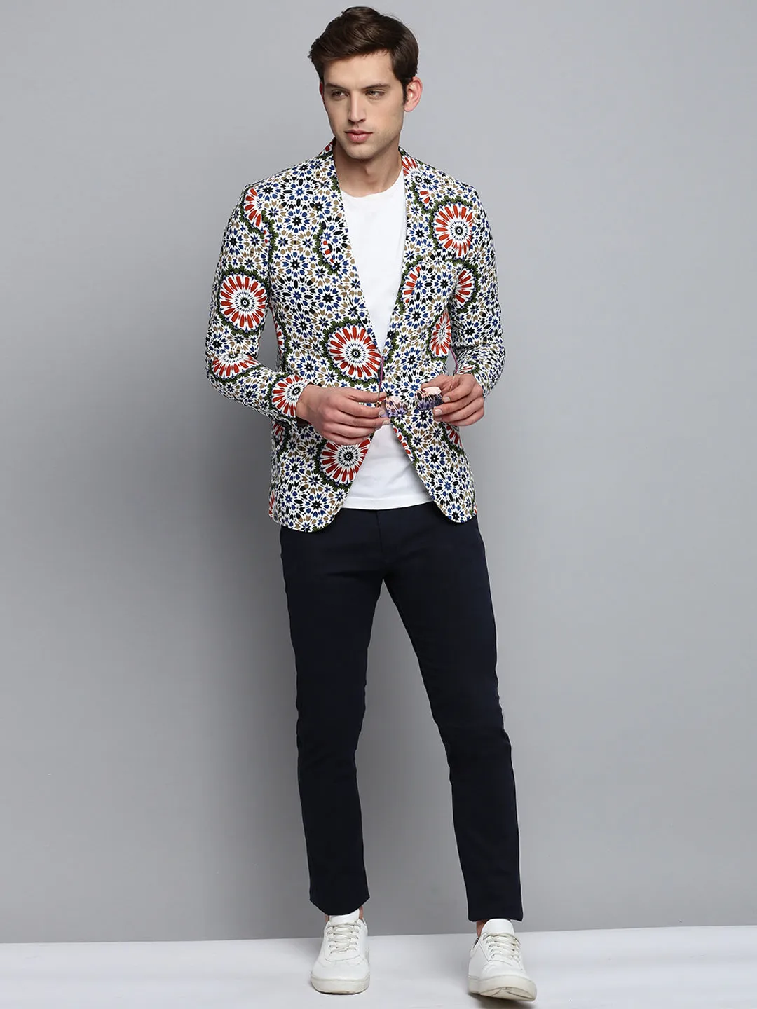 Men Notched Lapel Printed Multi Blazer