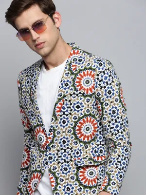 Men Notched Lapel Printed Multi Blazer