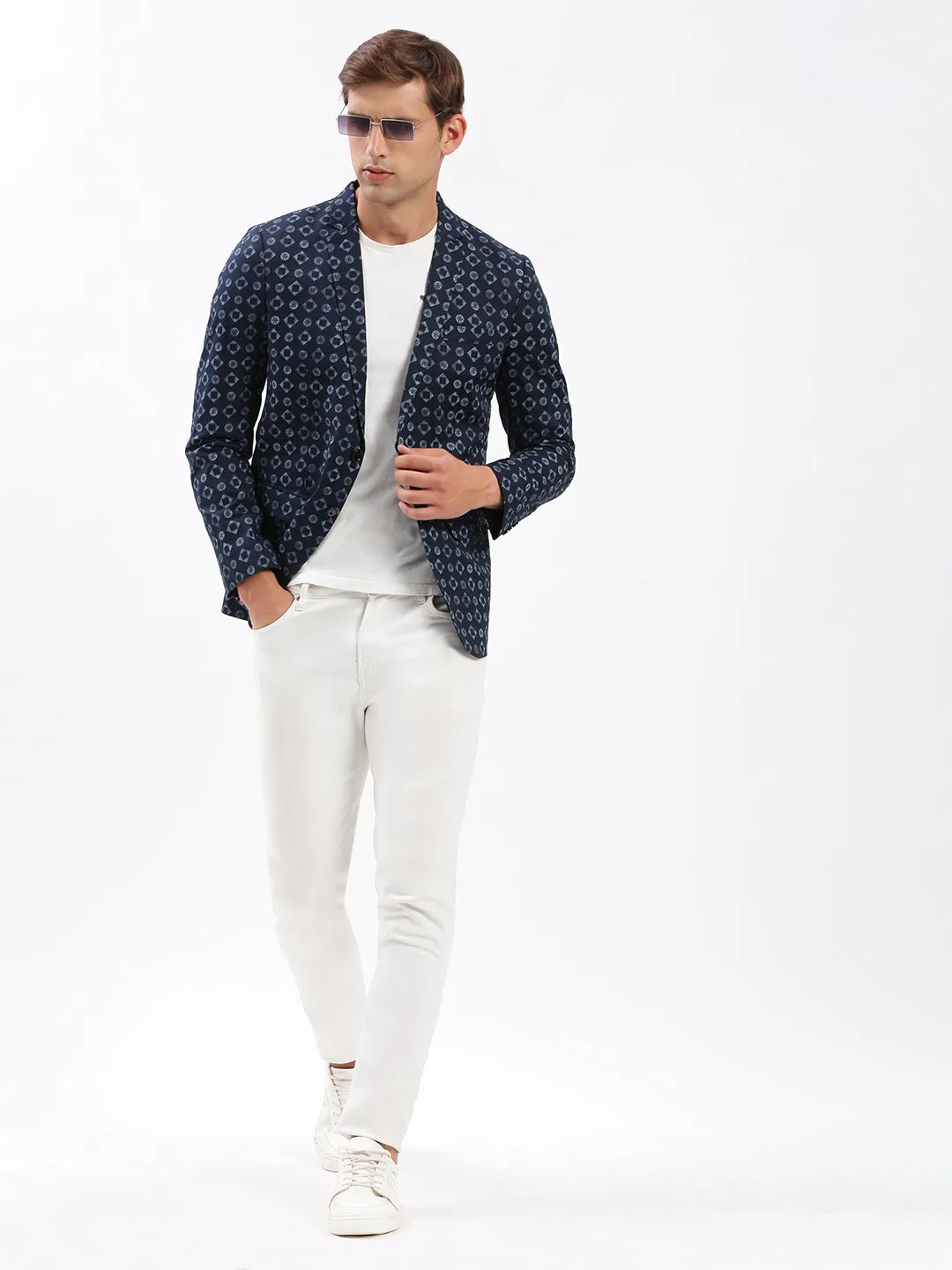 Men Notched Lapel Printed Navy Blue Blazer