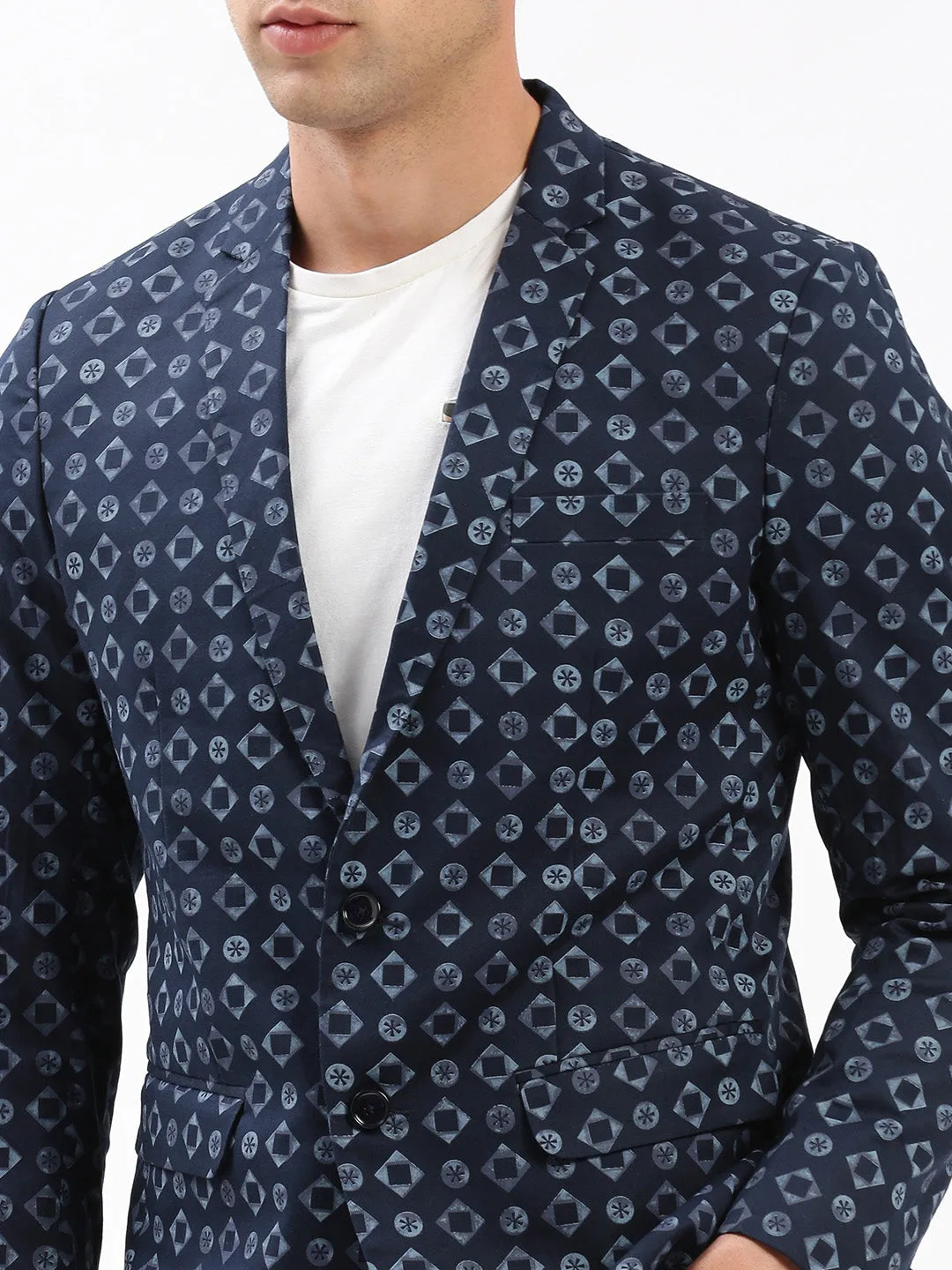 Men Notched Lapel Printed Navy Blue Blazer