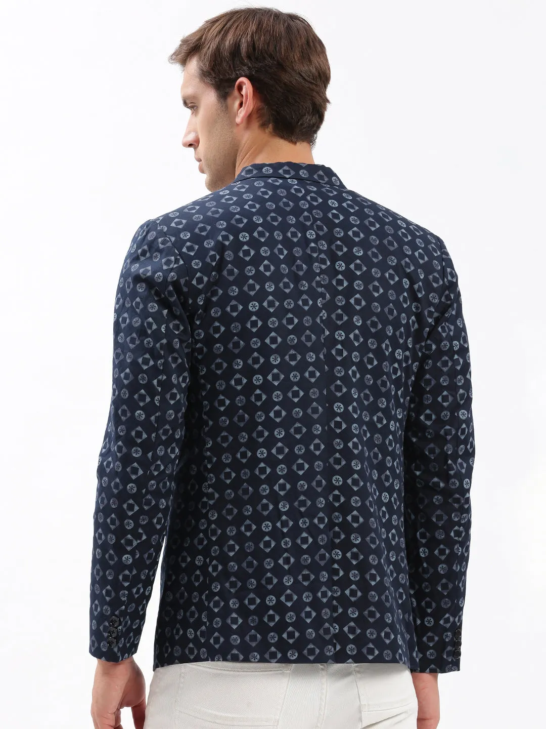 Men Notched Lapel Printed Navy Blue Blazer