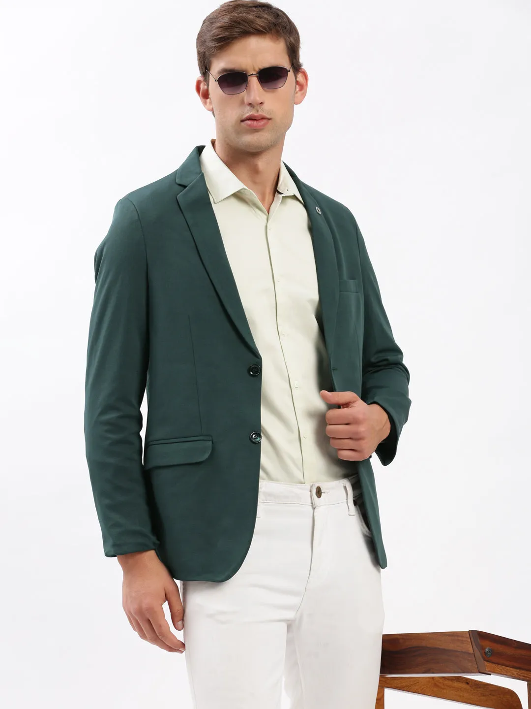 Men Notched Lapel Solid Green Blazer