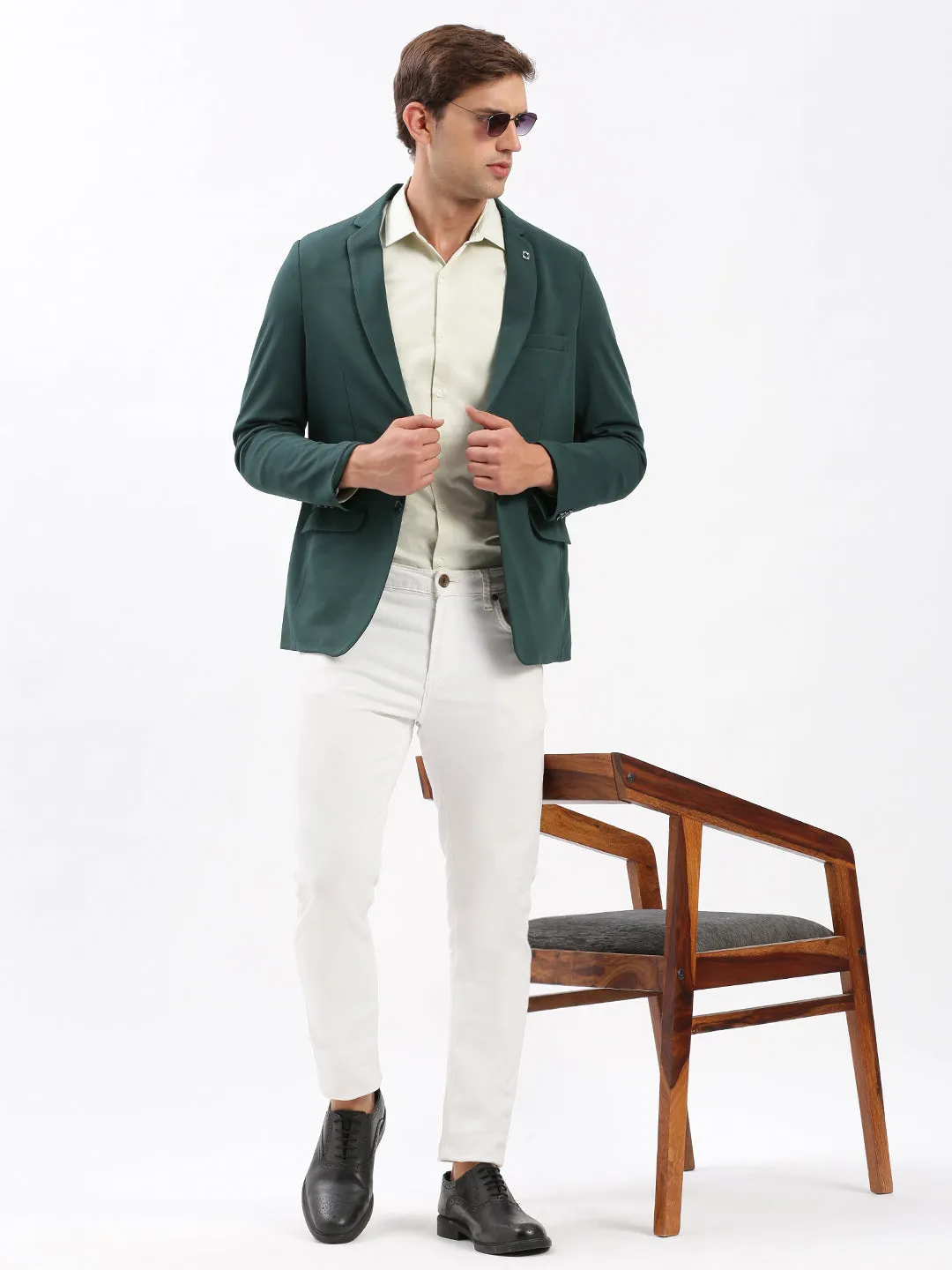 Men Notched Lapel Solid Green Blazer