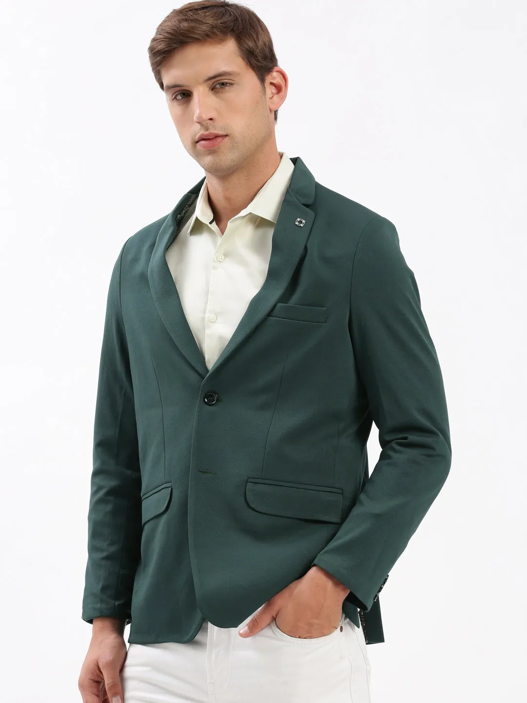 Men Notched Lapel Solid Green Blazer