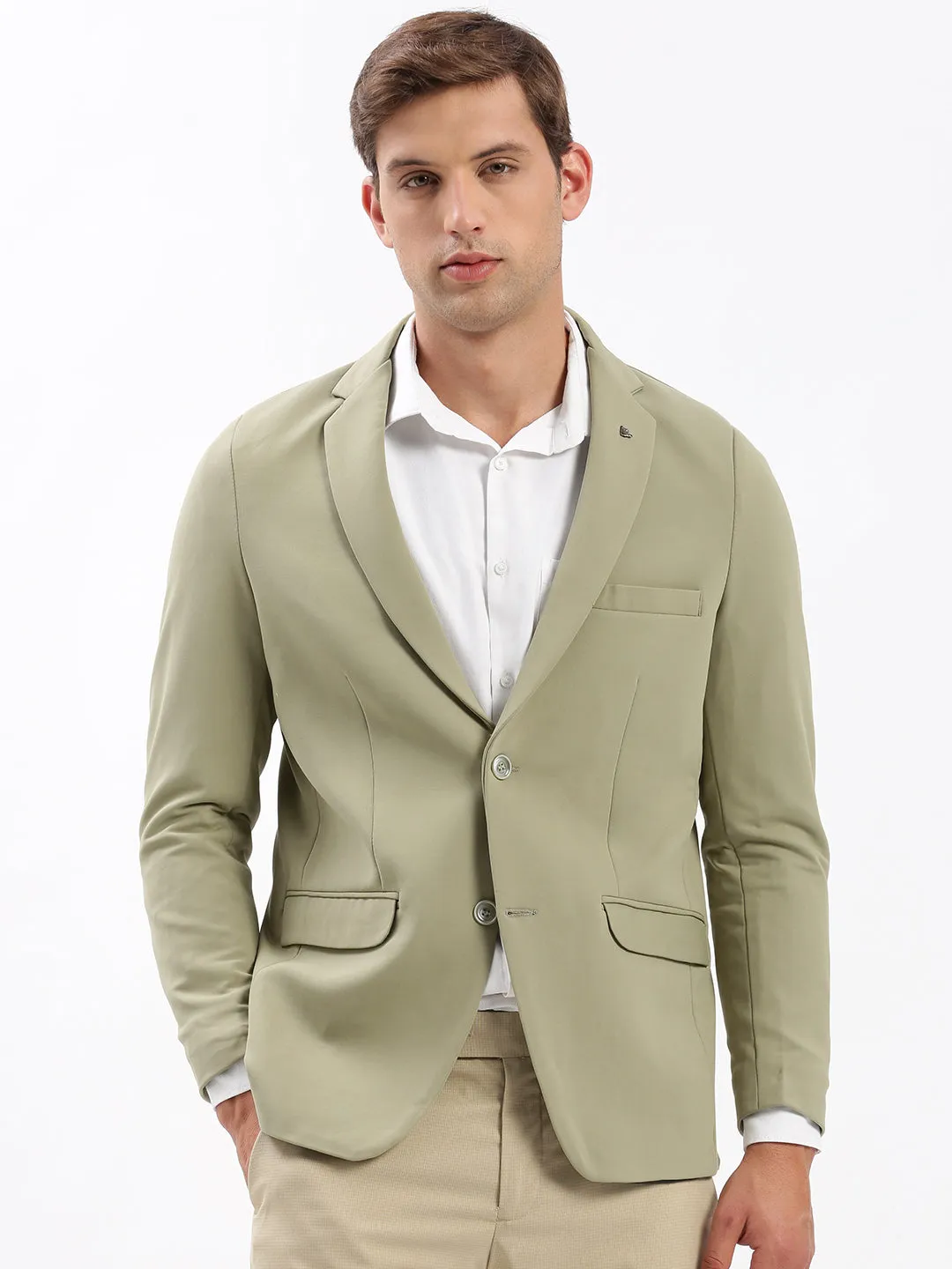 Men Notched Lapel Solid Khaki Blazer