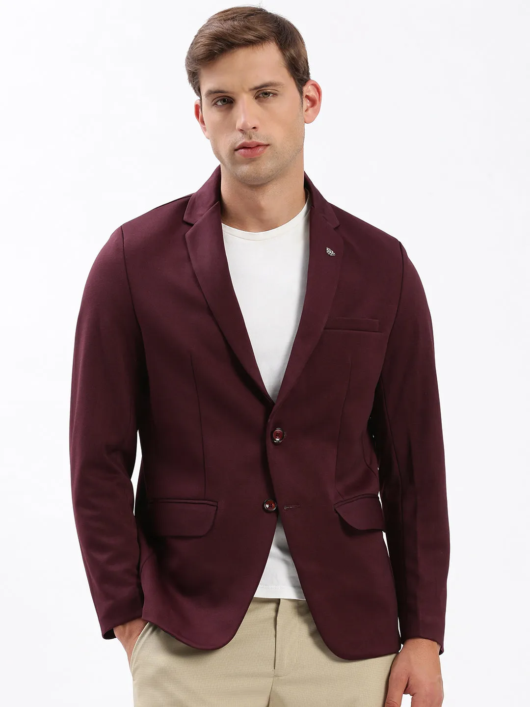 Men Notched Lapel Solid Maroon Blazer