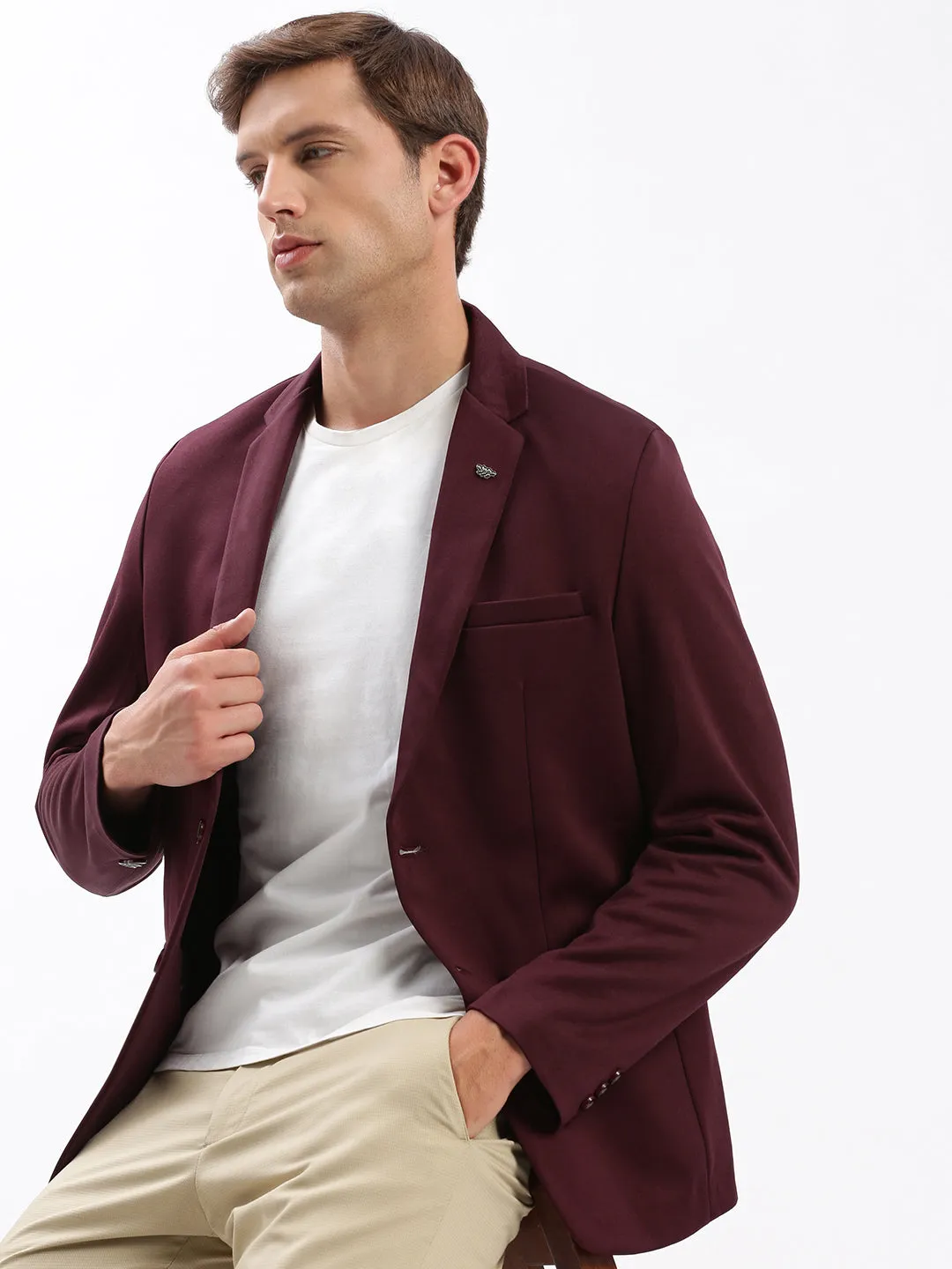 Men Notched Lapel Solid Maroon Blazer