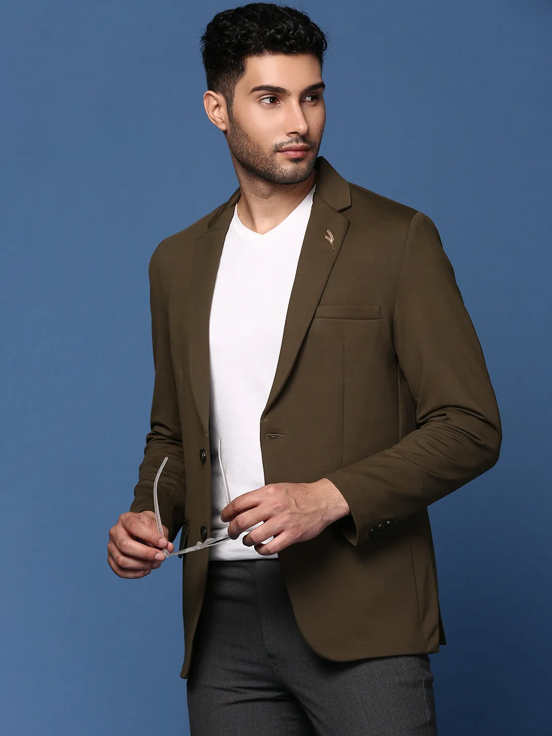 Men Olive Slim Fit Single Breasted Blazer