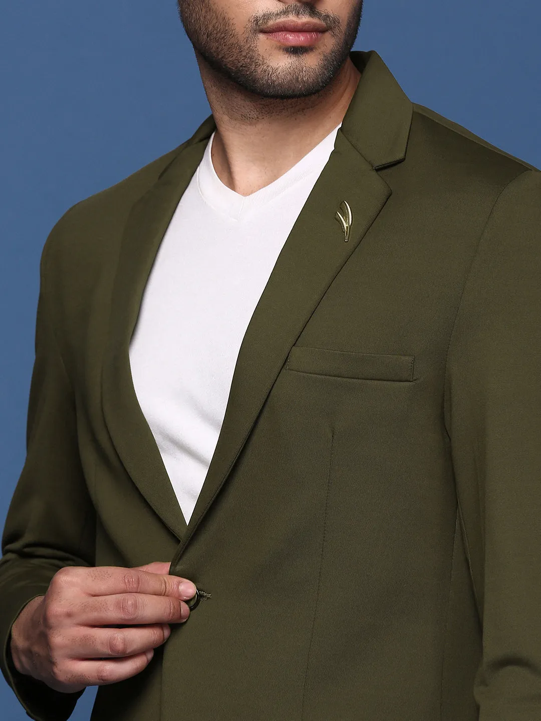 Men Olive Slim Fit Single Breasted Blazer