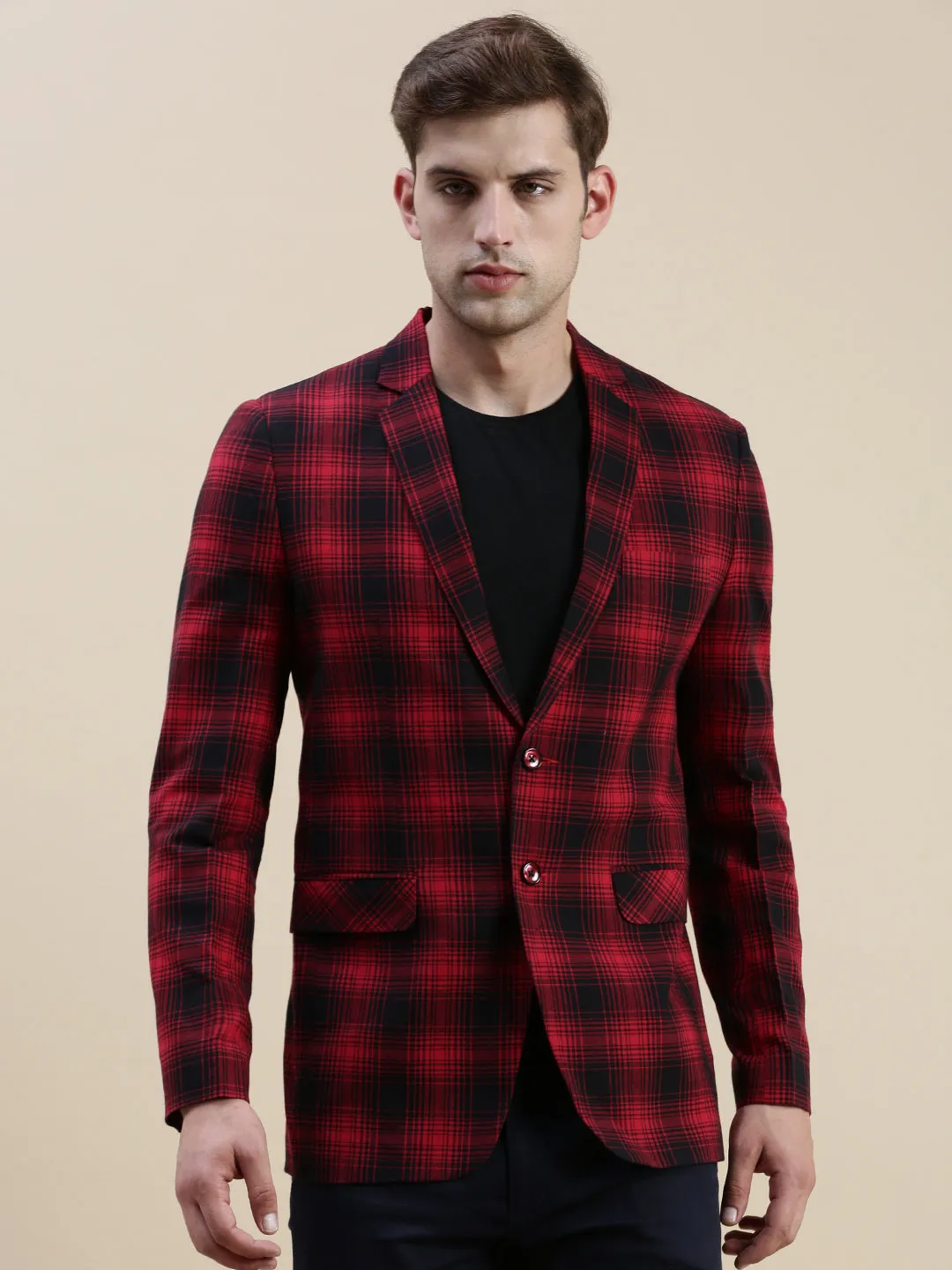 Men Red Checked Casual Blazer