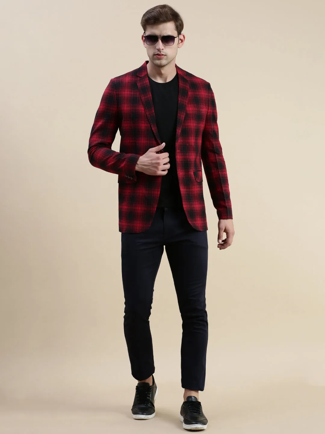 Men Red Checked Casual Blazer