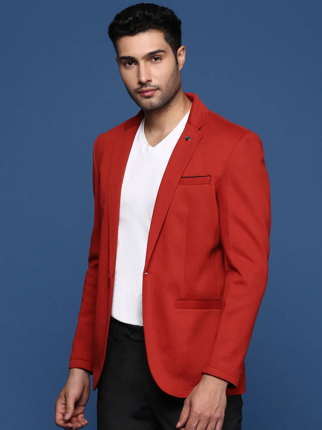 Men Red Slim Fit Single Breasted Blazer