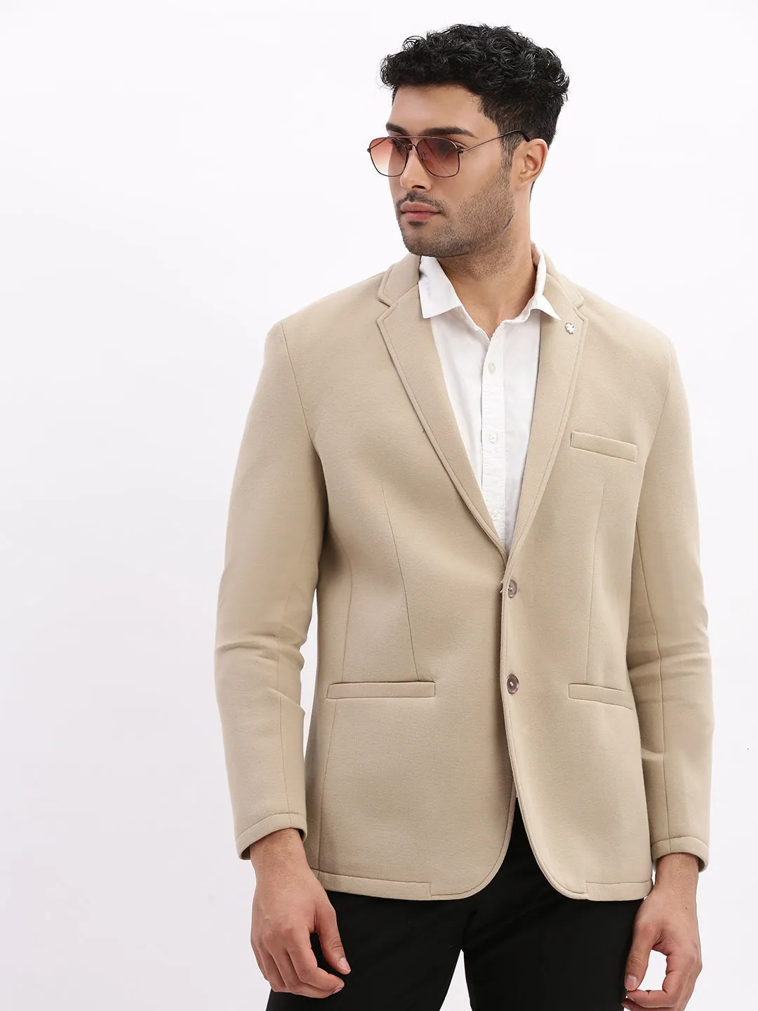 Men Solid Beige Single Breasted Blazer