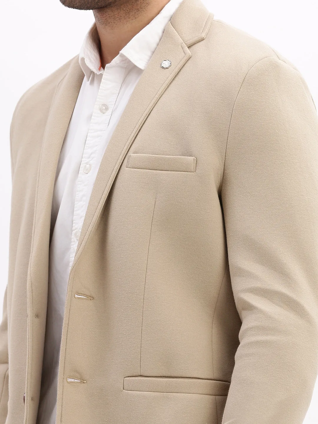 Men Solid Beige Single Breasted Blazer