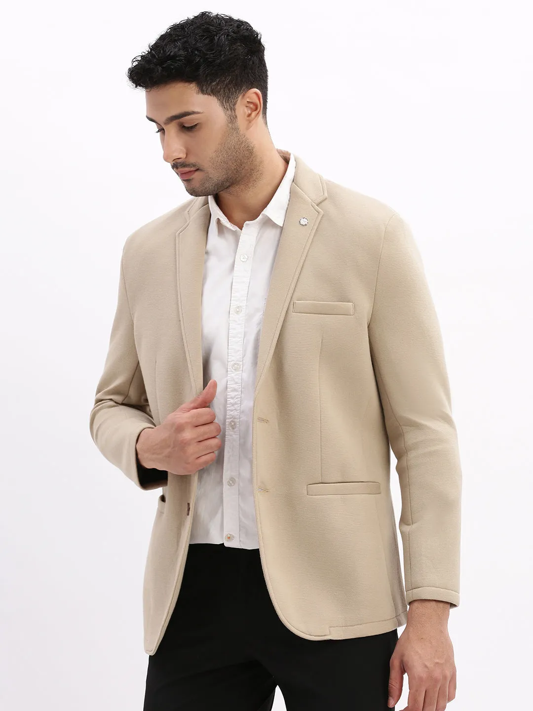 Men Solid Beige Single Breasted Blazer