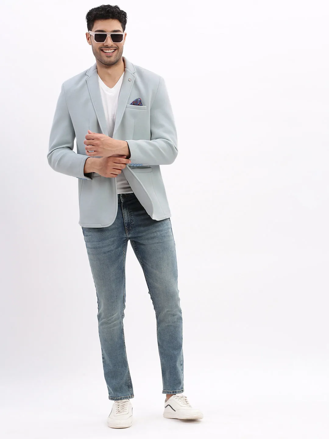 Men Solid Blue Single Breasted Blazer