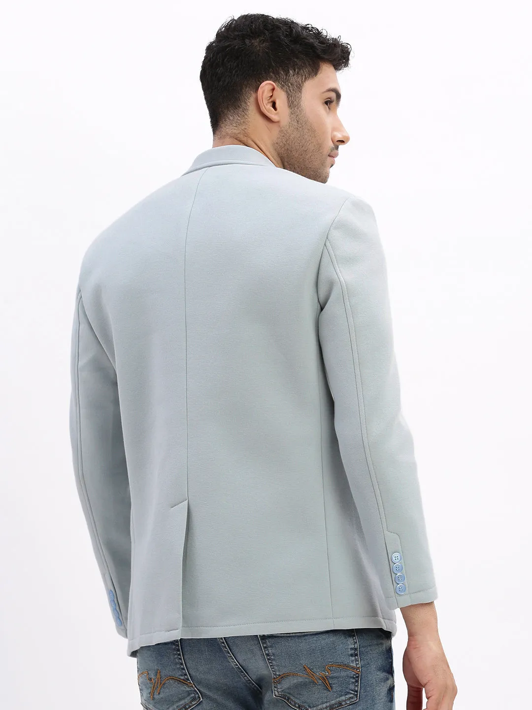 Men Solid Blue Single Breasted Blazer