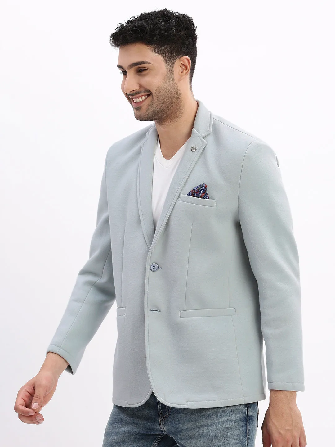 Men Solid Blue Single Breasted Blazer