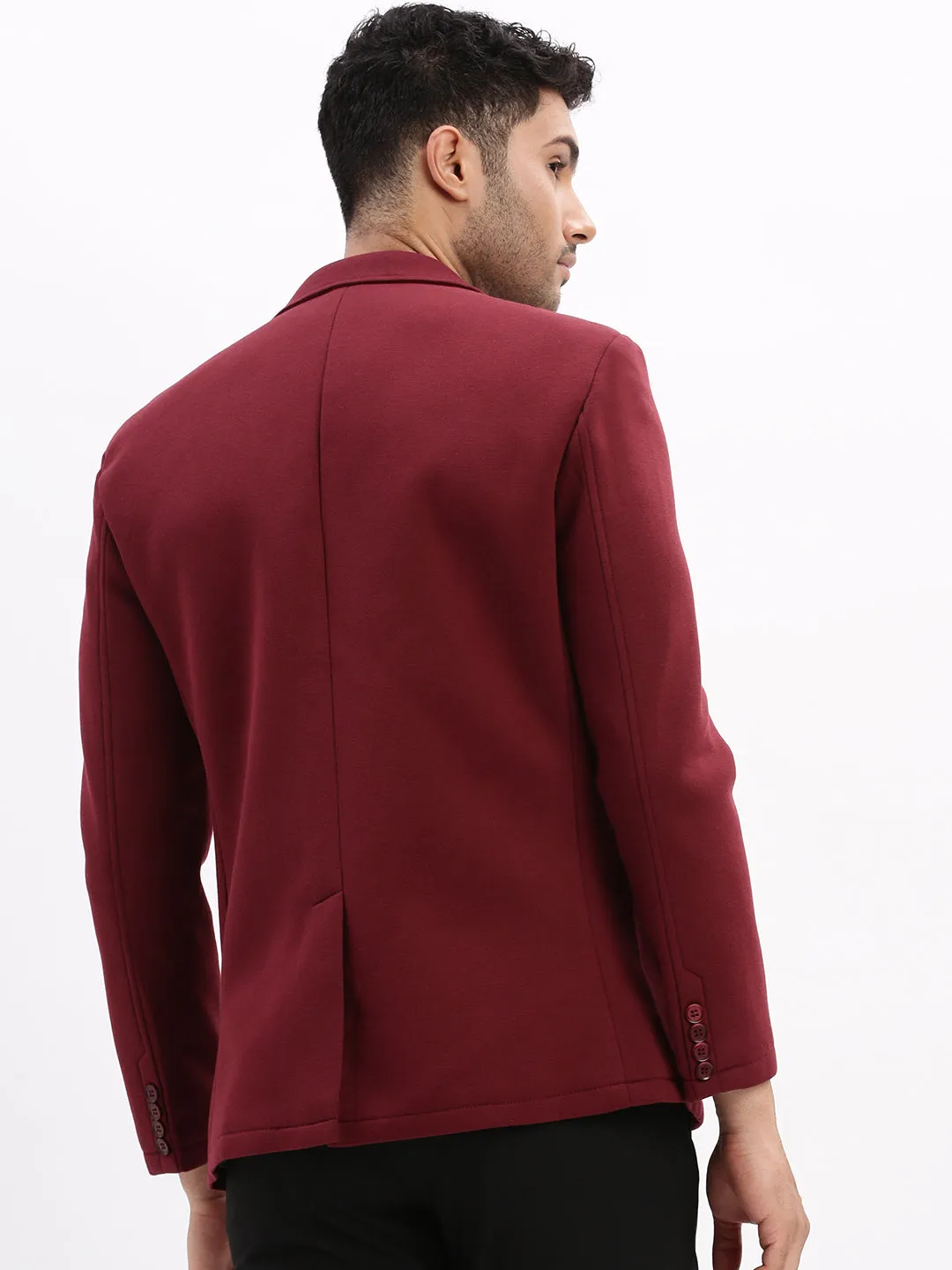 Men Solid Burgundy Single Breasted Blazer