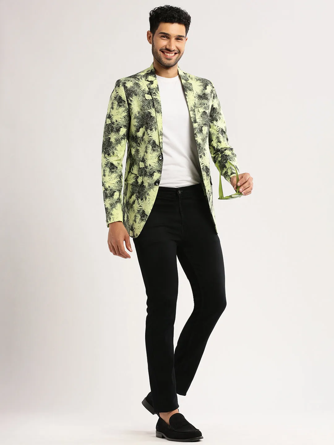 Men Yellow Printed Notched Lapel Blazer