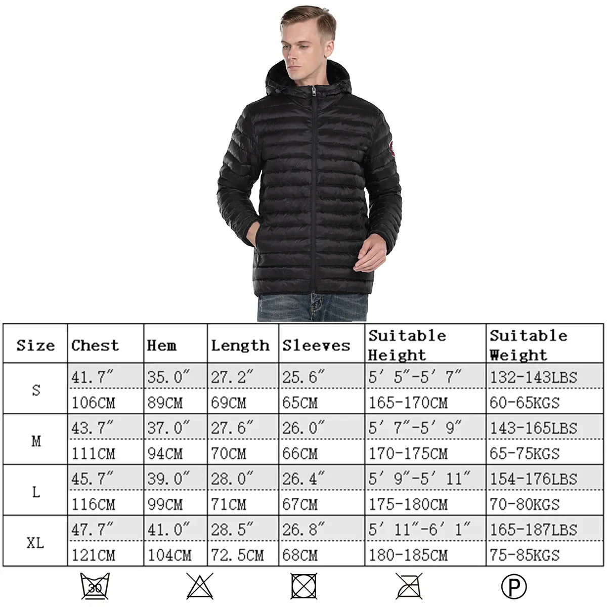 Men's Goose Down Puffy light Jacket - Black size S M L XL