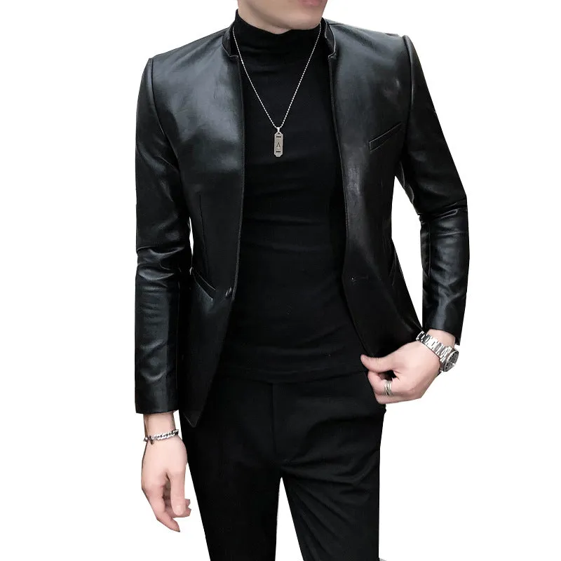 Men's Slim One Button Business Casual PU Leather Jacket