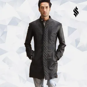 Midlander Quilted Black Leather Trench Coat