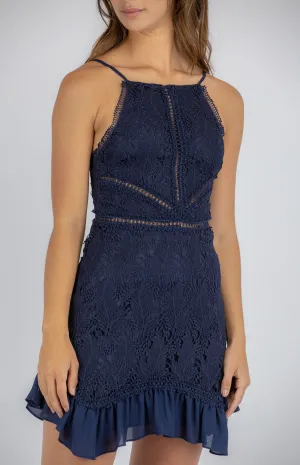 Mini Fancy Halter Neckline Lace Dress With Intricate Trim Details