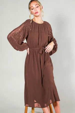 Mocha Sequin Detail Tie Waist Midi Dress