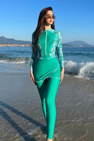 Muslim Modest Swimsuit Long Sleeve White Print On Green One-piece With zip UPF50  Rash Guard