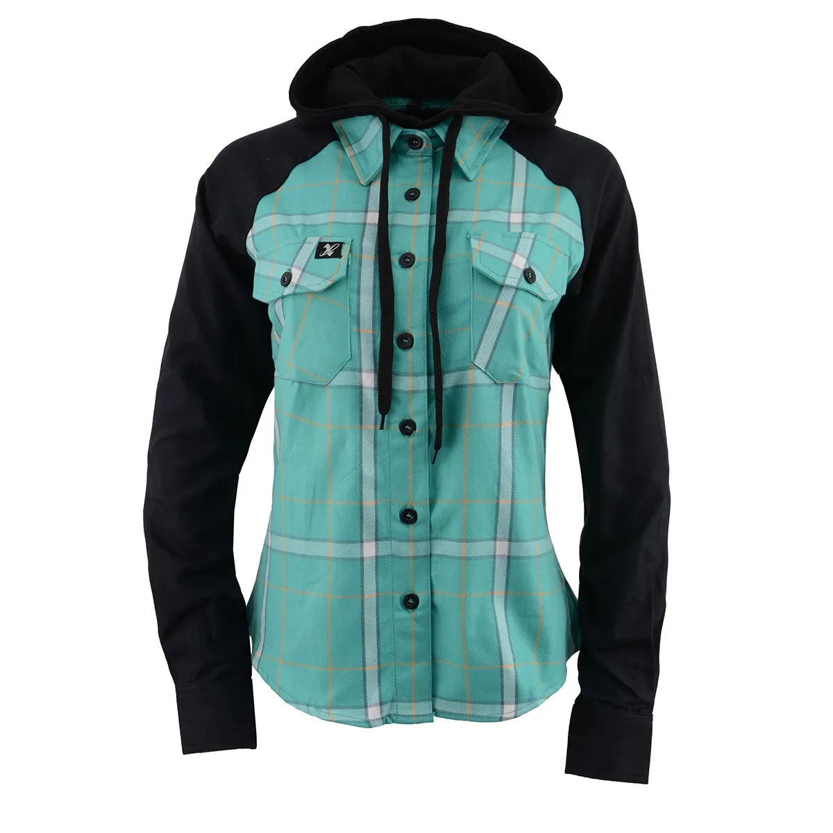 NexGen MNG21601 Women's Casual Black and Teal Long Sleeve Cotton Flannel Shirt with Hoodie