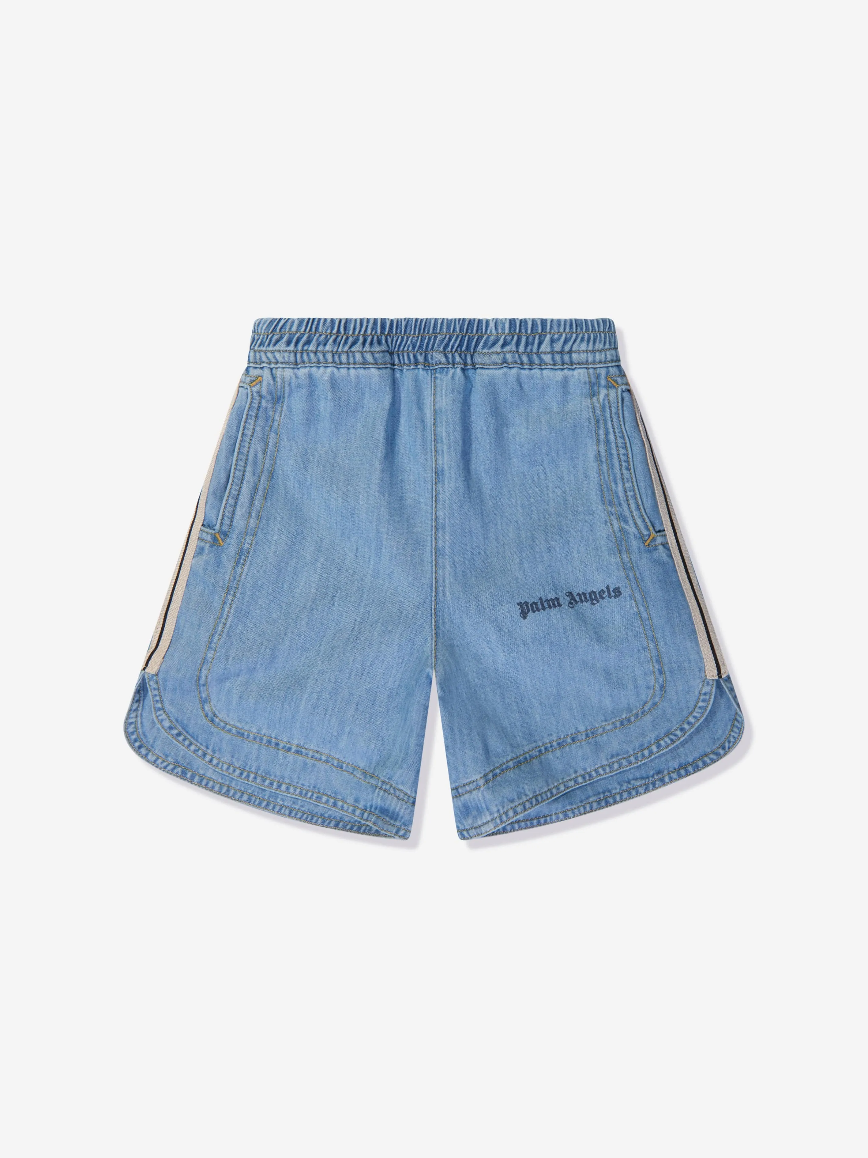 Palm Angels Boys Track Chambray Shorts in Blue