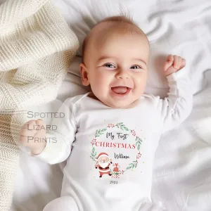 Personalised First Christmas Baby Outfit- My First Christmas Sleepsuit or Vest - 1st Xmas Santa Wreath