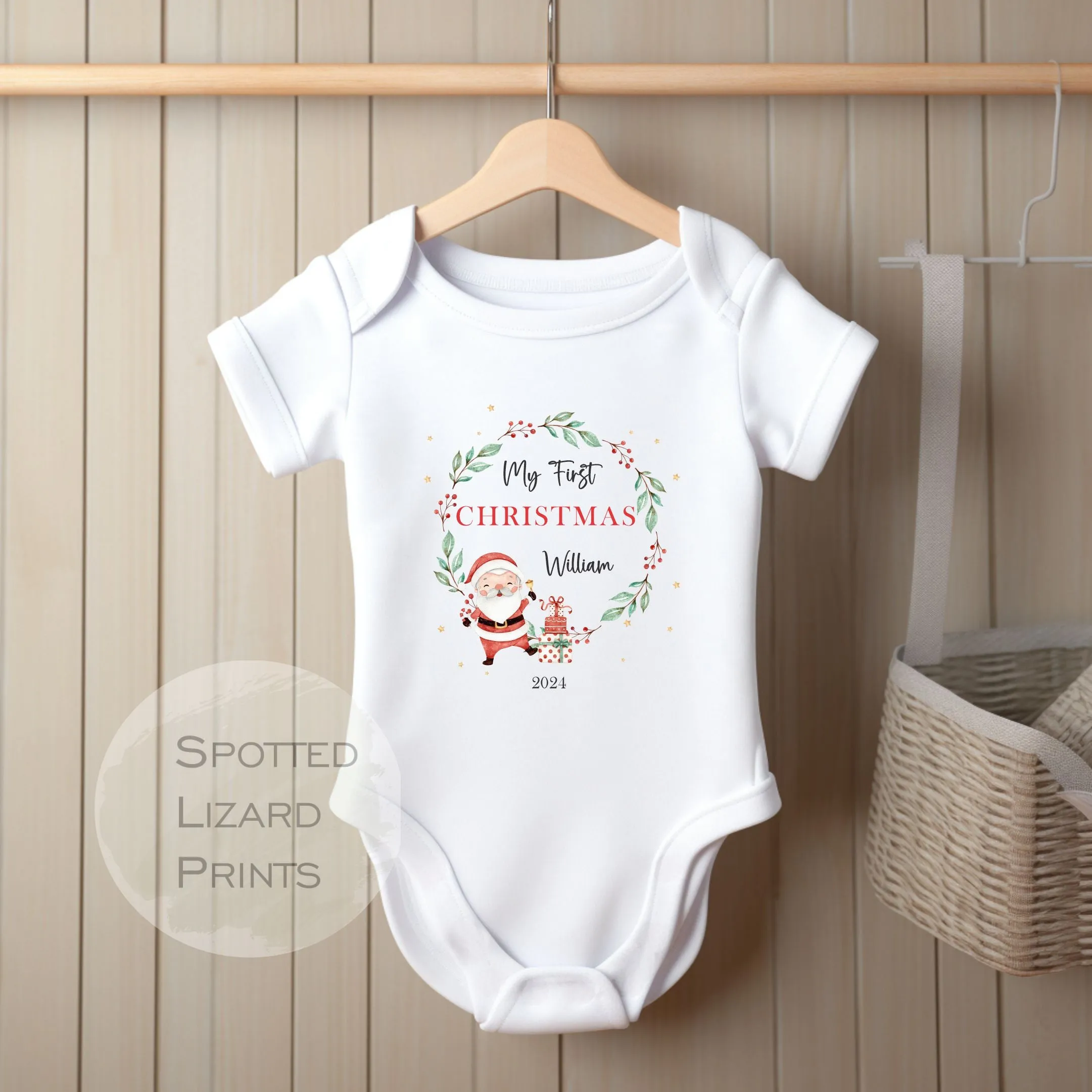 Personalised First Christmas Baby Outfit- My First Christmas Sleepsuit or Vest - 1st Xmas Santa Wreath