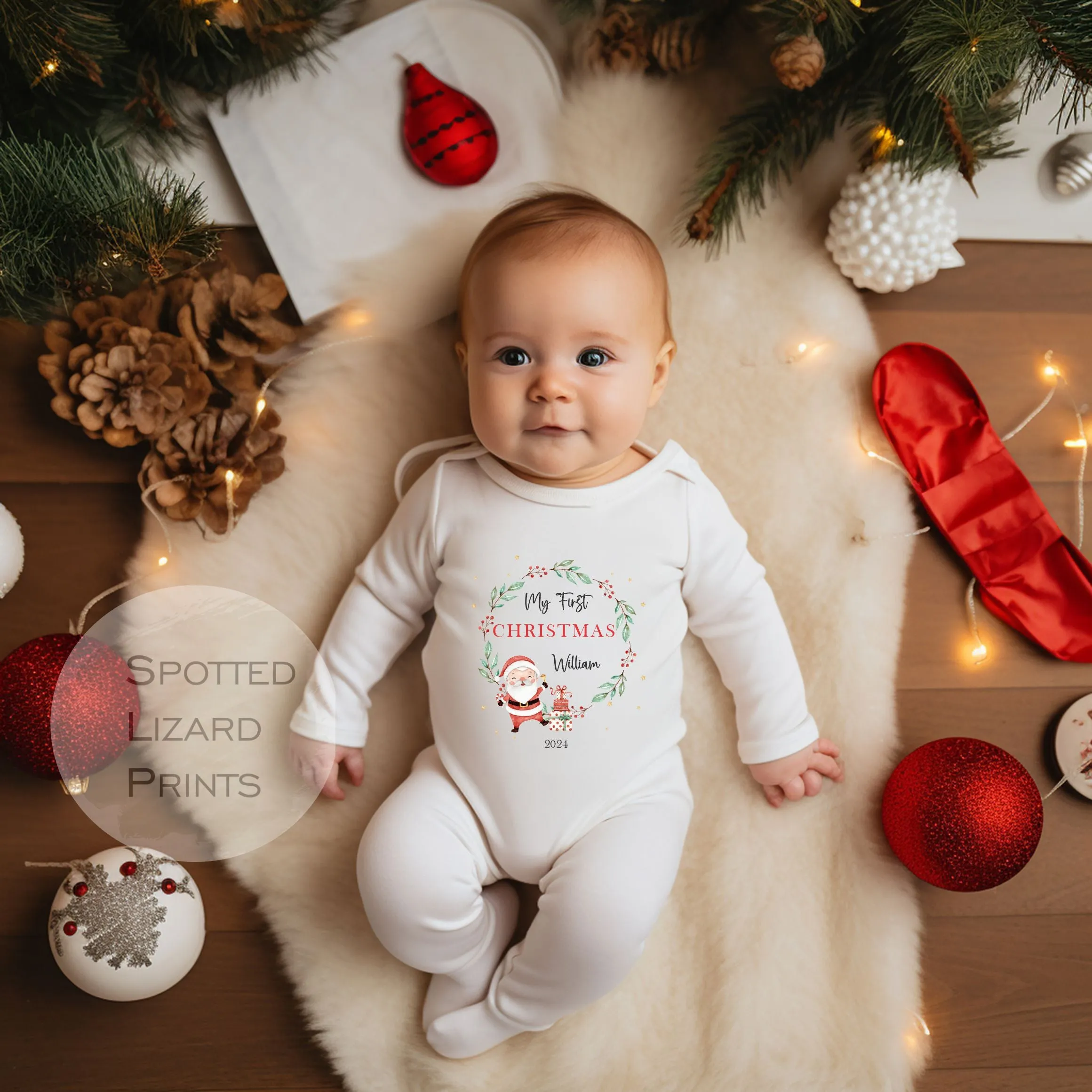 Personalised First Christmas Baby Outfit- My First Christmas Sleepsuit or Vest - 1st Xmas Santa Wreath