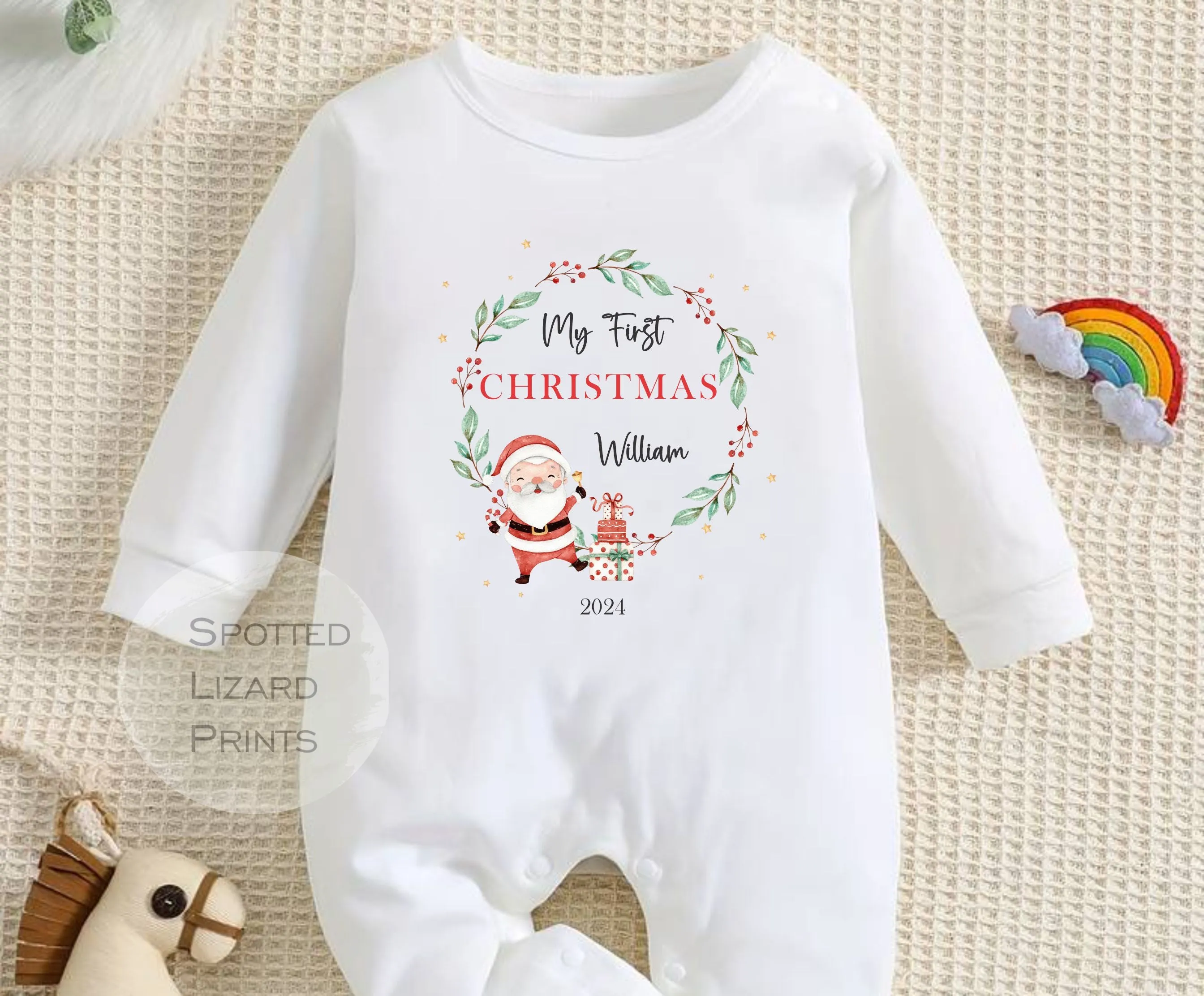 Personalised First Christmas Baby Outfit- My First Christmas Sleepsuit or Vest - 1st Xmas Santa Wreath