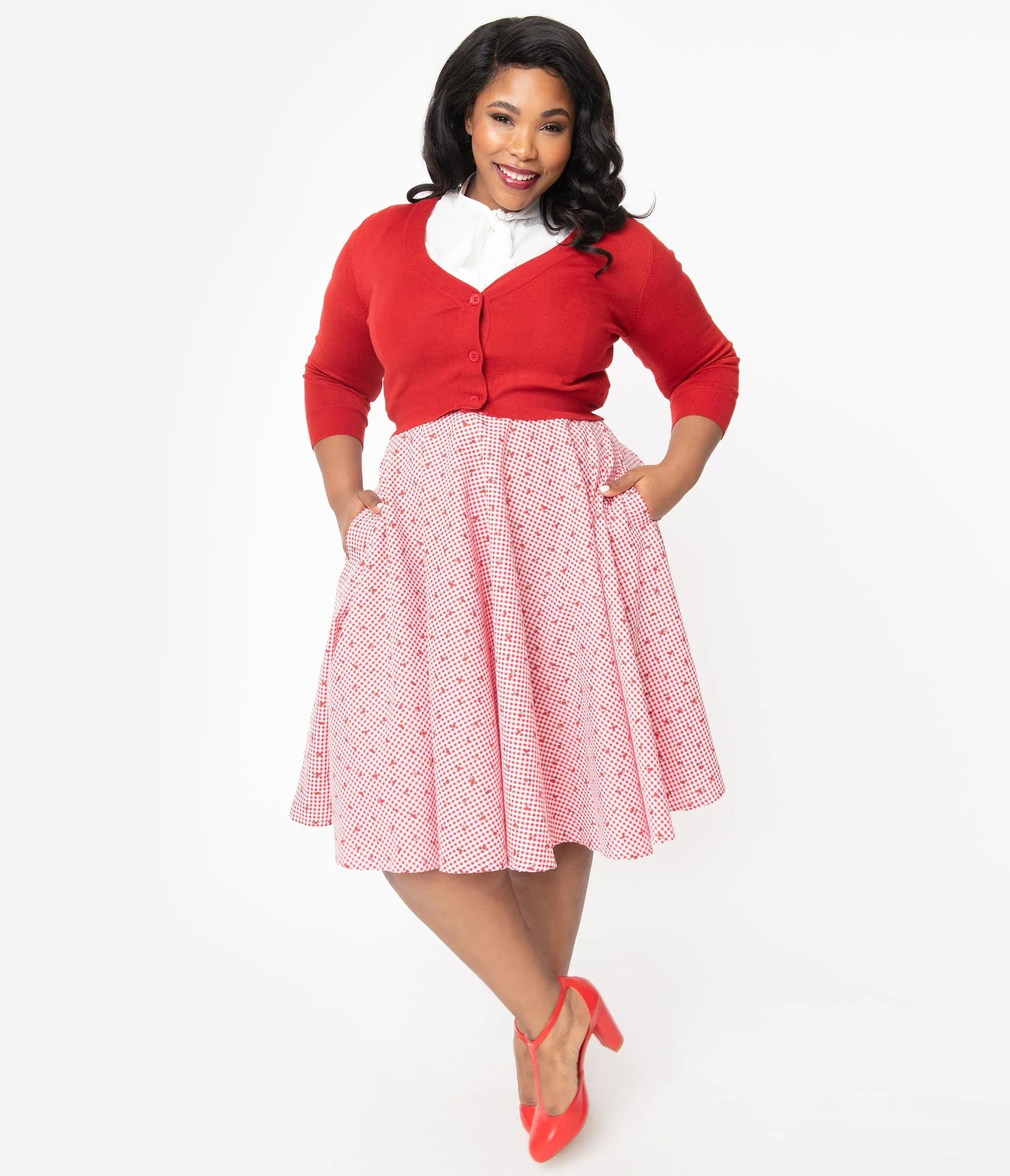 Plus Size 1950s Red & White Gingham Cherry Print Swing Skirt