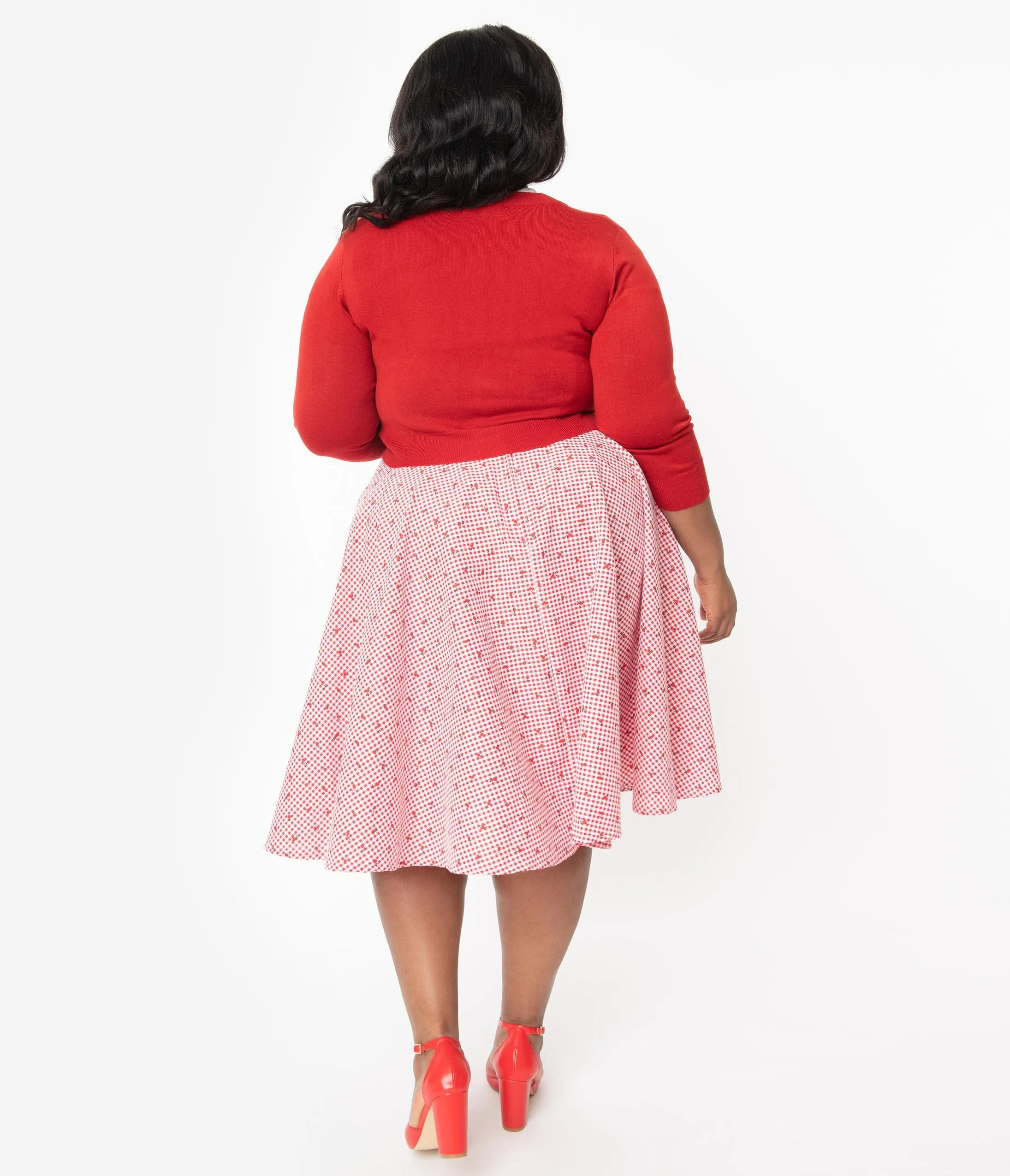 Plus Size 1950s Red & White Gingham Cherry Print Swing Skirt