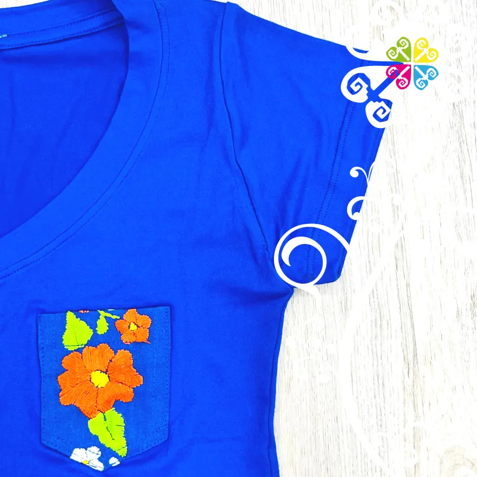 Royal Blue Embroider Women Tee - Pocket Embroider