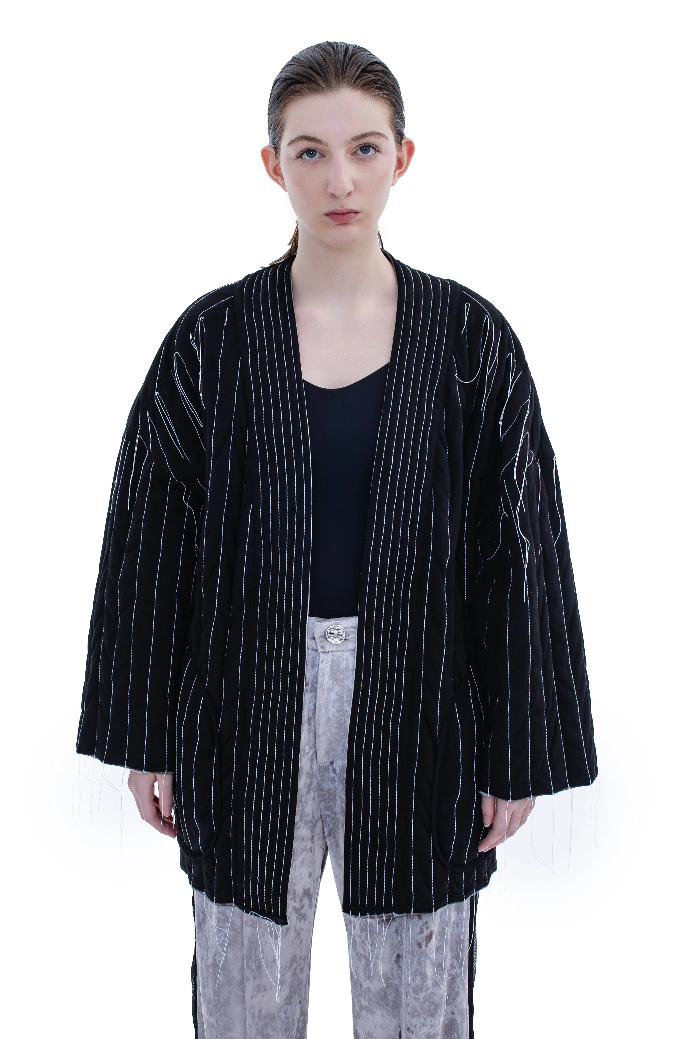 RUN(A)WAY SILVER VELVET PADDED QUILTED KIMONO COAT