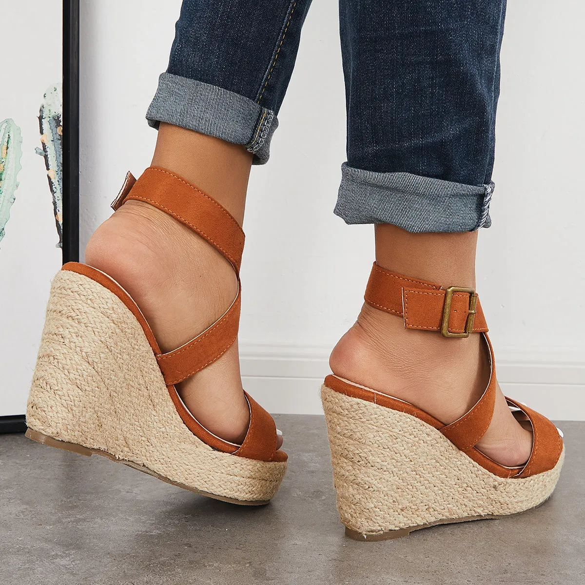 Sohiwoo Women Criss Cross Ankle Strap Espadrille Wedge Platform Sandals