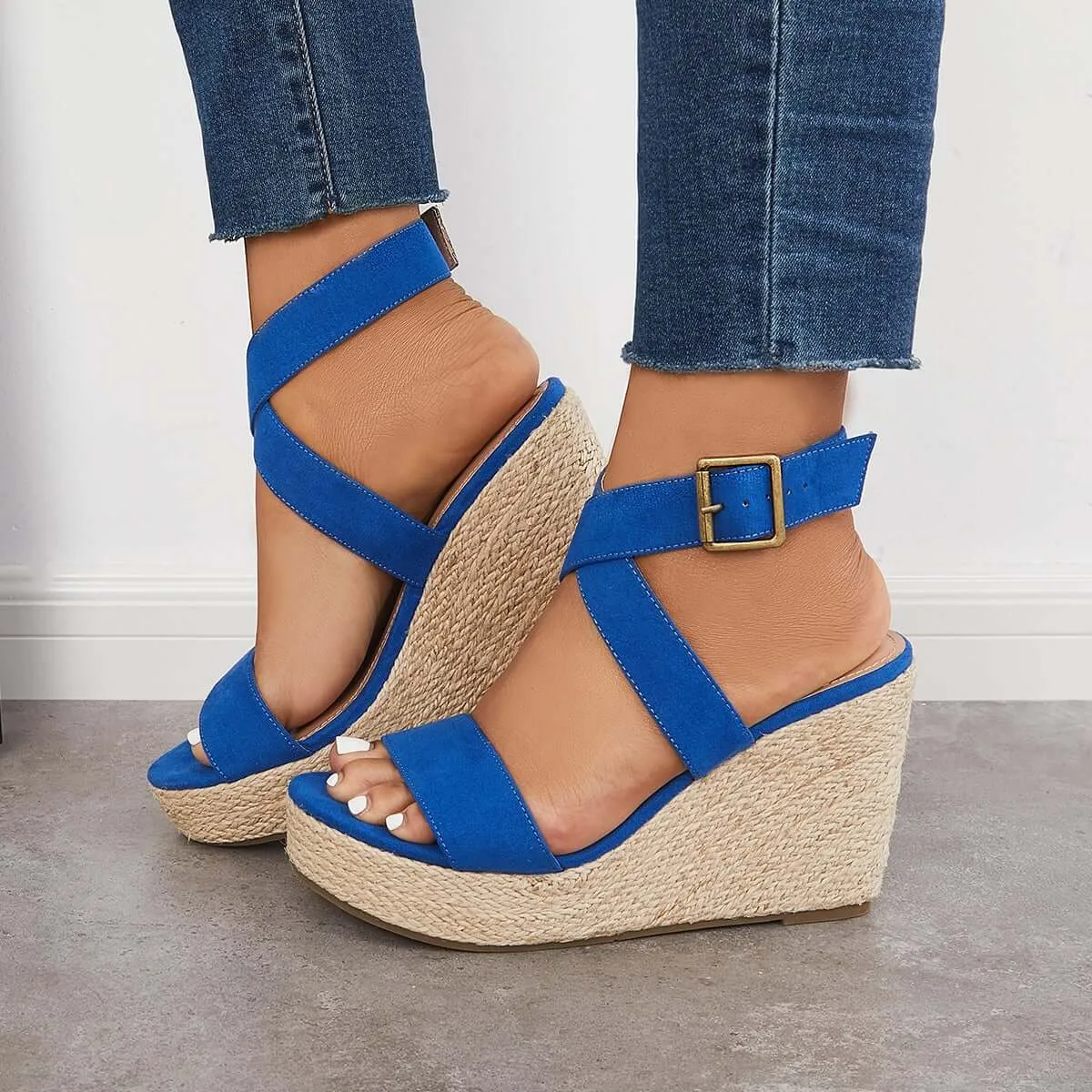 Sohiwoo Women Criss Cross Ankle Strap Espadrille Wedge Platform Sandals