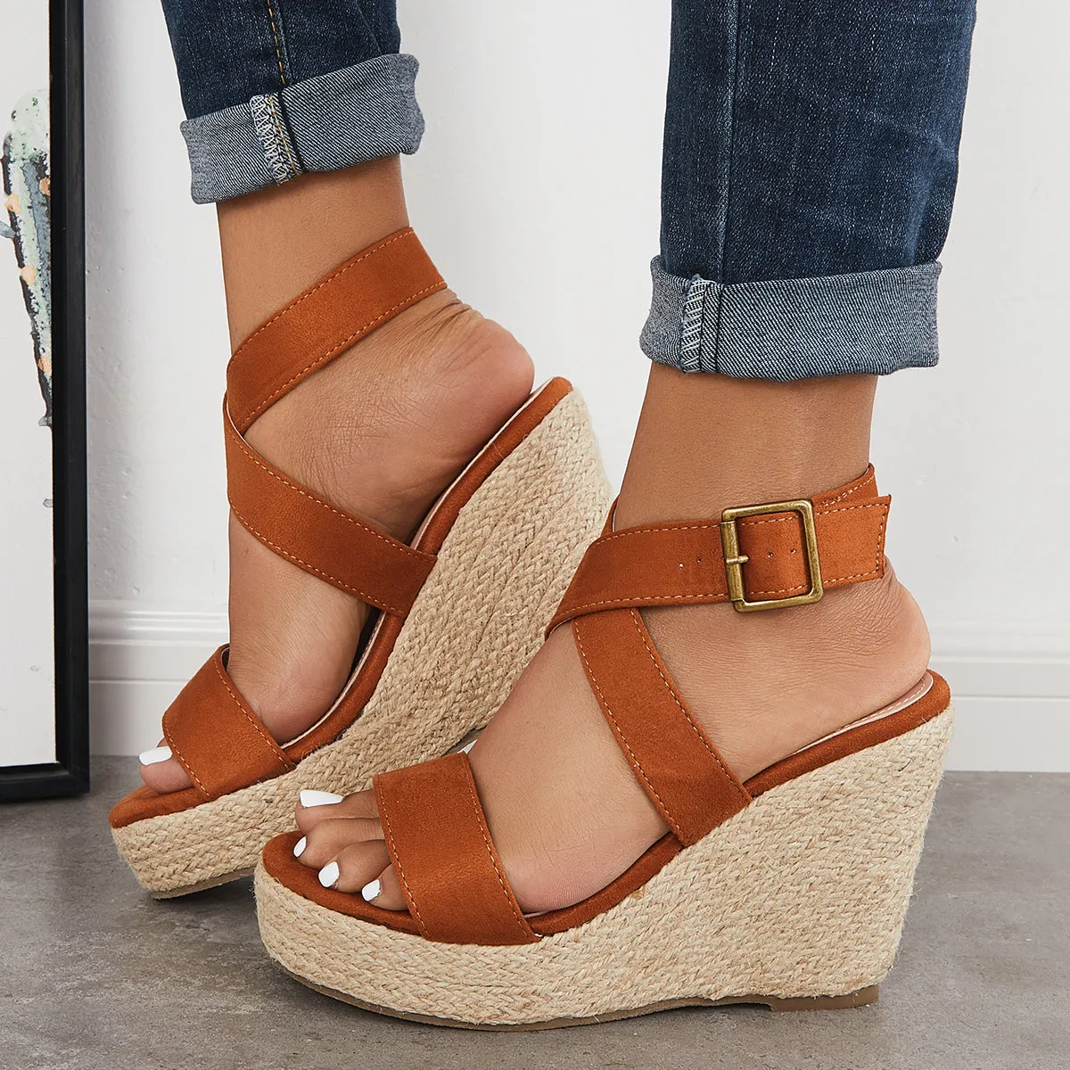 Sohiwoo Women Criss Cross Ankle Strap Espadrille Wedge Platform Sandals