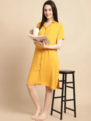 Solid Mustard Knee Length Rayon Sleep Shirt