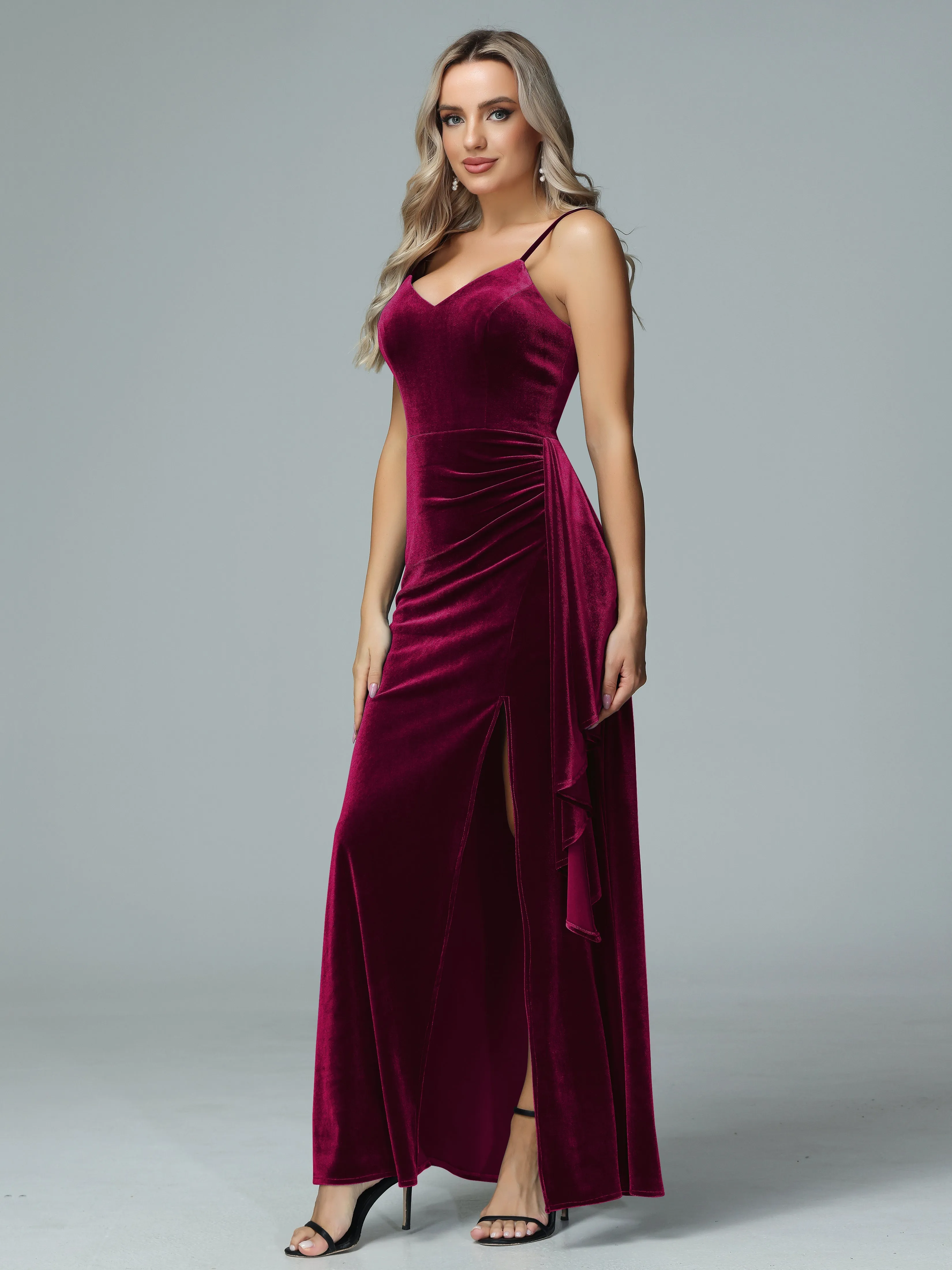 Spaghetti Straps V-neck Velvet Bridesmaid Dresses with Slit