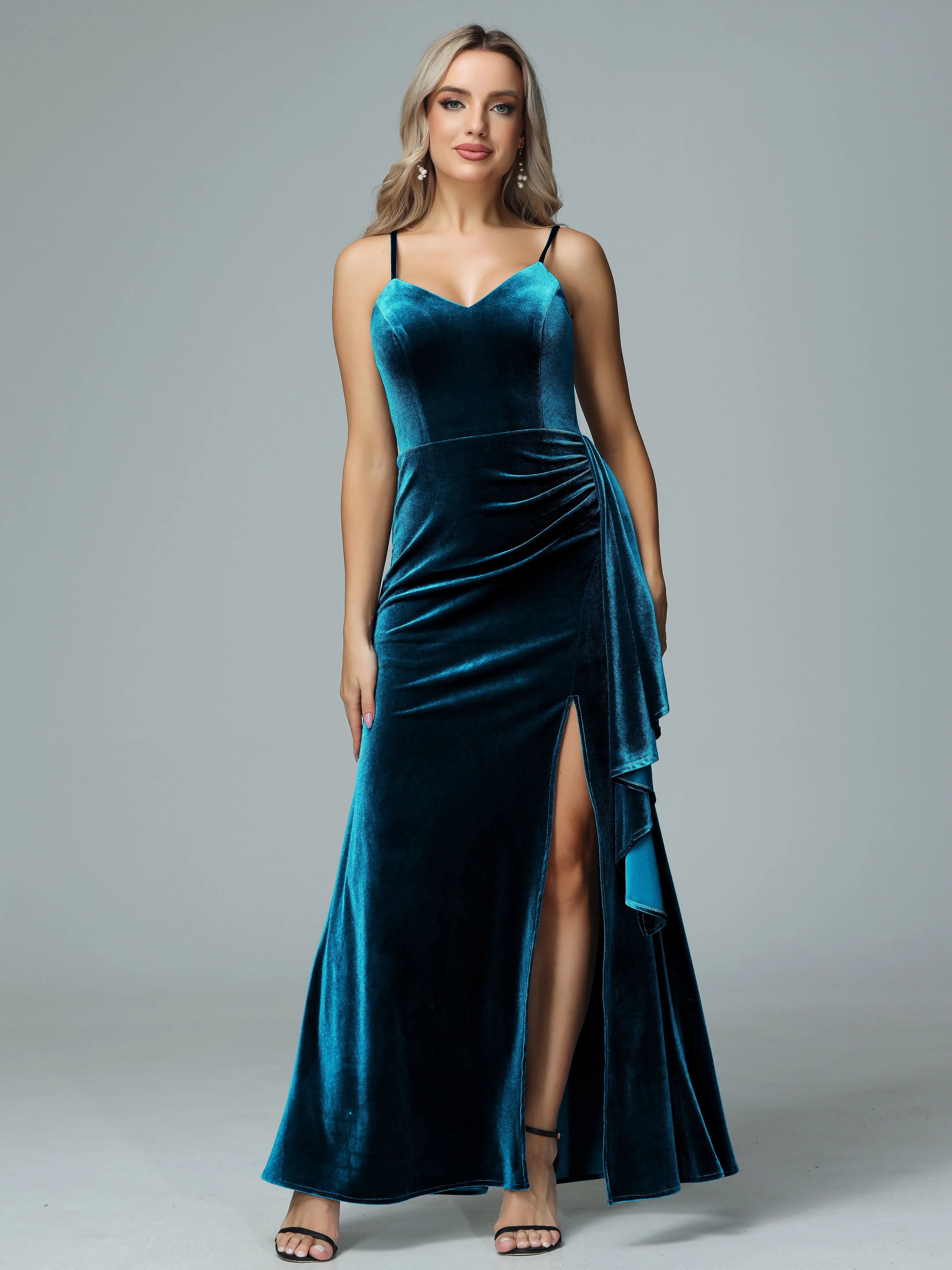 Spaghetti Straps V-neck Velvet Bridesmaid Dresses with Slit